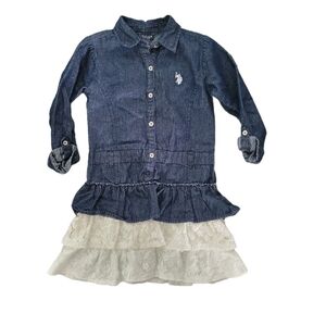 U.S. POLO ASSN Girls Size 8 Chambray Denim Lace Peplum Button Dress